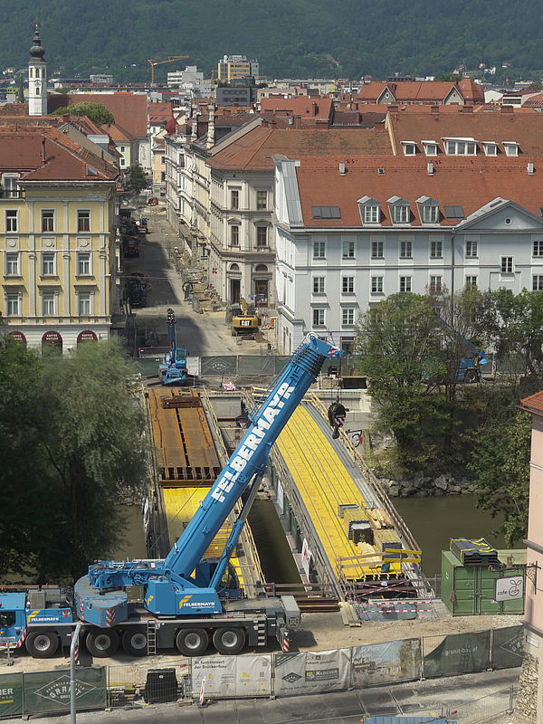 Livebild Baukamera 2 - Webcam 'Tegetthoffbrücke Blick von Osten' - Baustelle Neubau Innenstadtentlastungsstrecke Straßenbahn, Graz (ca. 5 Minuteninterval)