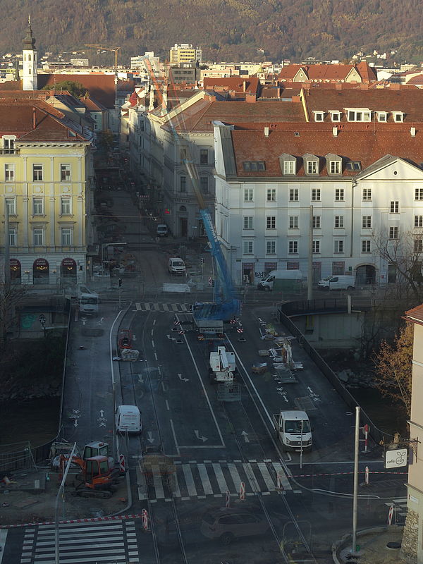 Livebild Baukamera 2 - Webcam 'Tegetthoffbrücke Blick von Osten' - Baustelle Neubau Innenstadtentlastungsstrecke Straßenbahn, Graz (ca. 5 Minuteninterval)