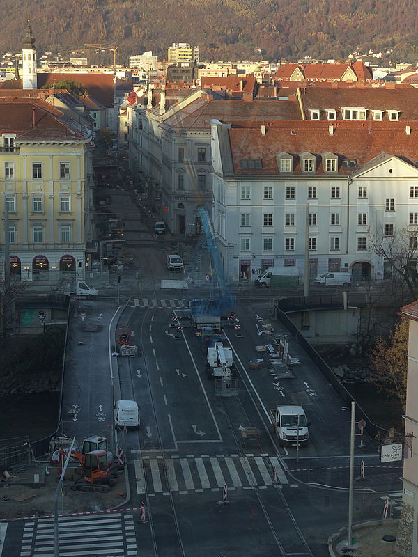 Livebild Baukamera 2 - Webcam 'Tegetthoffbrücke Blick von Osten' - Baustelle Neubau Innenstadtentlastungsstrecke Straßenbahn, Graz (ca. 5 Minuteninterval)