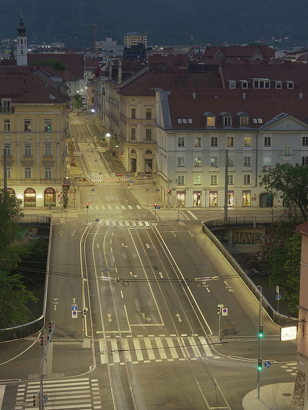 Livebild Baukamera 2 - Webcam 'Tegetthoffbrücke Blick von Osten' - Baustelle Neubau Innenstadtentlastungsstrecke Straßenbahn, Graz (ca. 5 Minuteninterval)