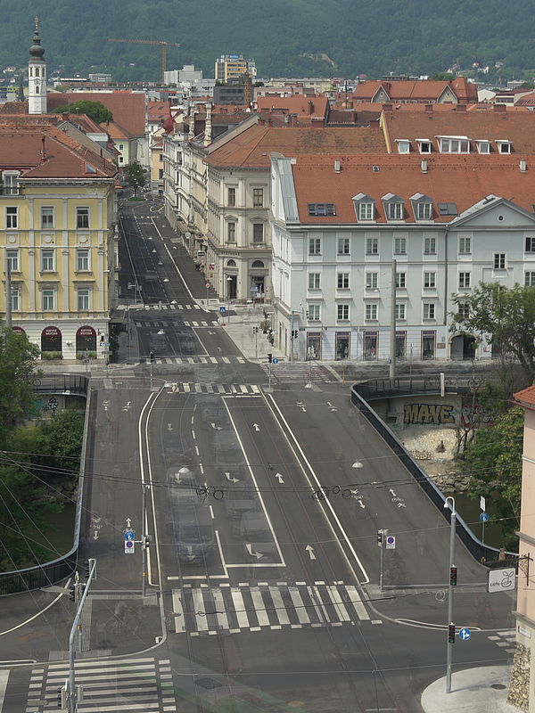 Livebild Baukamera 2 - Webcam 'Tegetthoffbrücke Blick von Osten' - Baustelle Neubau Innenstadtentlastungsstrecke Straßenbahn, Graz (ca. 5 Minuteninterval)