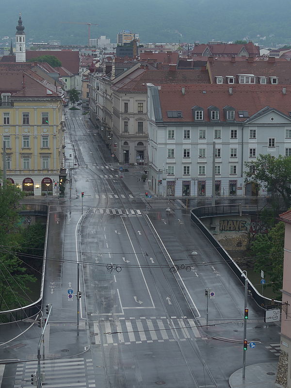 Livebild Baukamera 2 - Webcam 'Tegetthoffbrücke Blick von Osten' - Baustelle Neubau Innenstadtentlastungsstrecke Straßenbahn, Graz (ca. 5 Minuteninterval)