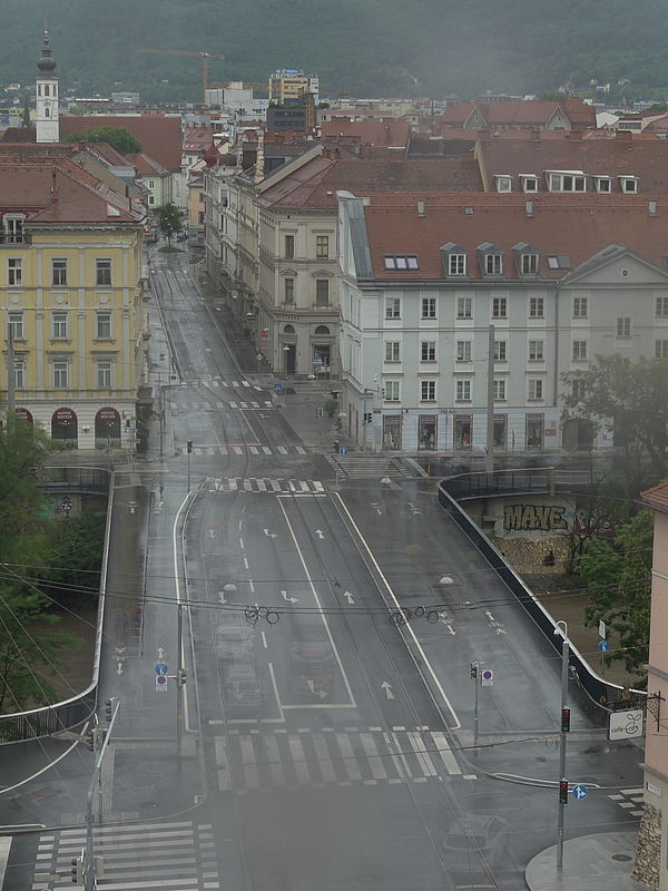 Livebild Baukamera 2 - Webcam 'Tegetthoffbrücke Blick von Osten' - Baustelle Neubau Innenstadtentlastungsstrecke Straßenbahn, Graz (ca. 5 Minuteninterval)