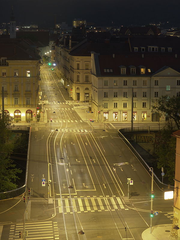 Livebild Baukamera 2 - Webcam 'Tegetthoffbrücke Blick von Osten' - Baustelle Neubau Innenstadtentlastungsstrecke Straßenbahn, Graz (ca. 5 Minuteninterval)
