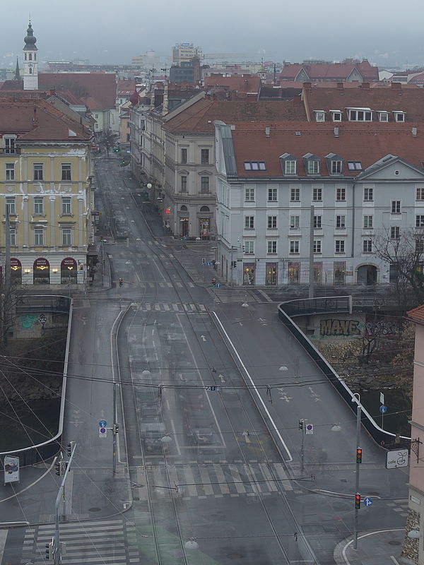 Livebild Baukamera 2 - Webcam 'Tegetthoffbrücke Blick von Osten' - Baustelle Neubau Innenstadtentlastungsstrecke Straßenbahn, Graz (ca. 5 Minuteninterval)