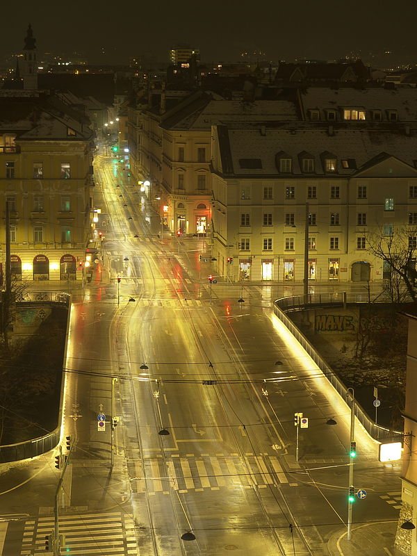 Livebild Baukamera 2 - Webcam 'Tegetthoffbrücke Blick von Osten' - Baustelle Neubau Innenstadtentlastungsstrecke Straßenbahn, Graz (ca. 5 Minuteninterval)